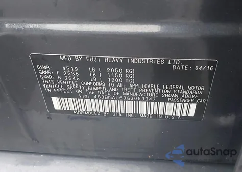 2016 Subaru Legacy 2.5I Limited from USA, damaged, VIN 4S3BNAL63G3053347